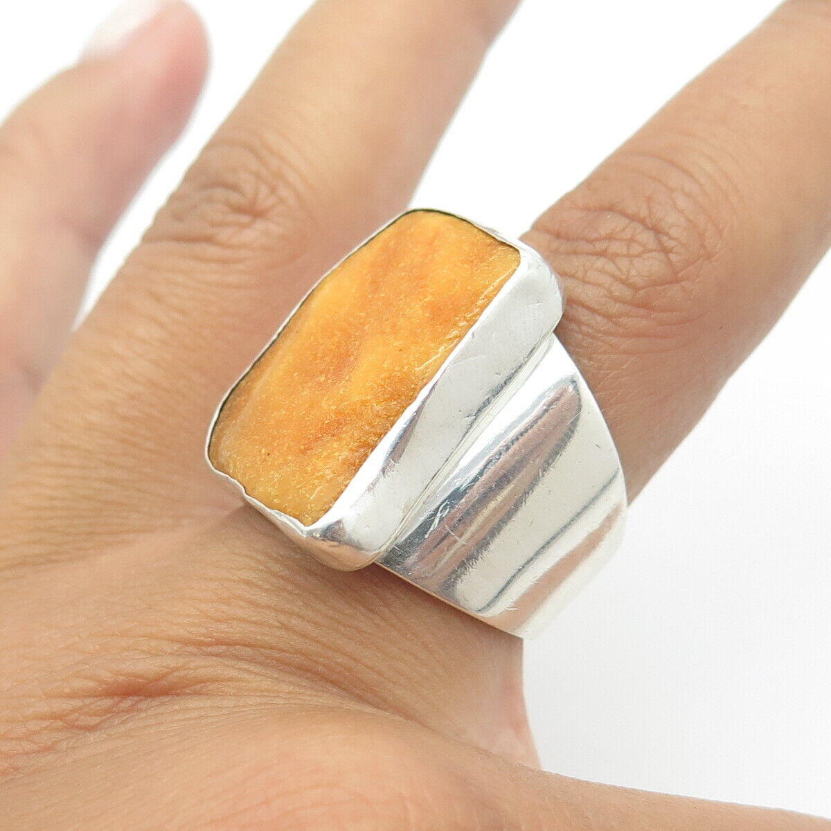 925 Sterling Silver Vintage Real Amber Modernist Statement Ring Size 8