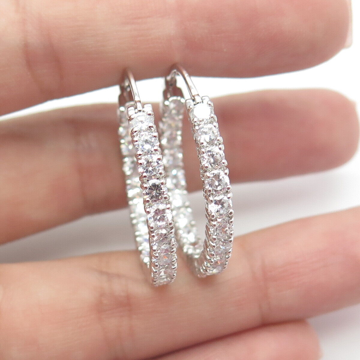 925 Sterling Silver White C Z In & Out Hoop Earrings