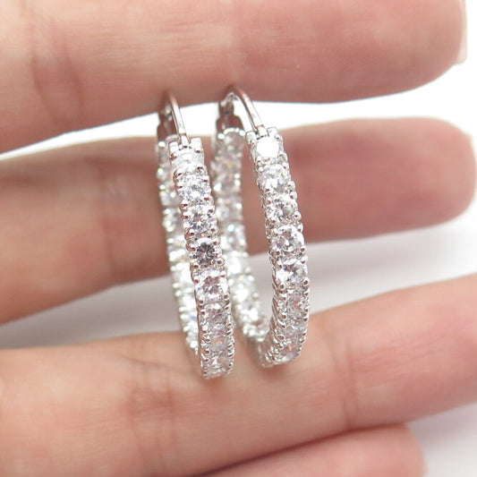 925 Sterling Silver White C Z In & Out Hoop Earrings