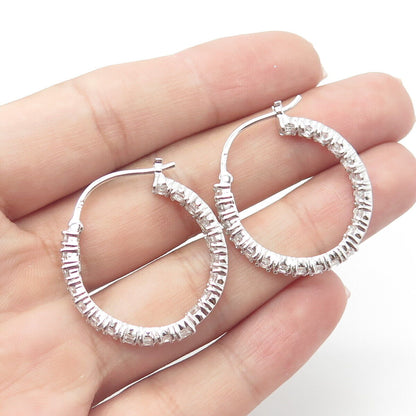 925 Sterling Silver White C Z In & Out Hoop Earrings