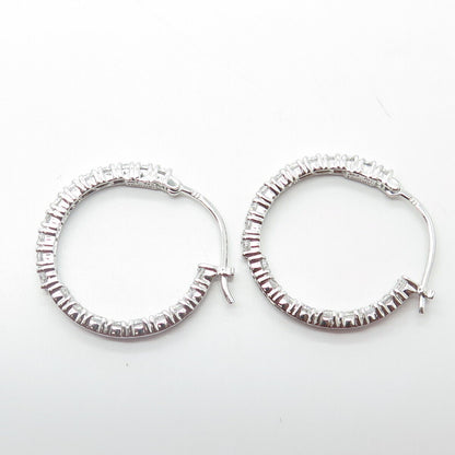 925 Sterling Silver White C Z In & Out Hoop Earrings