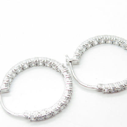 925 Sterling Silver White C Z In & Out Hoop Earrings