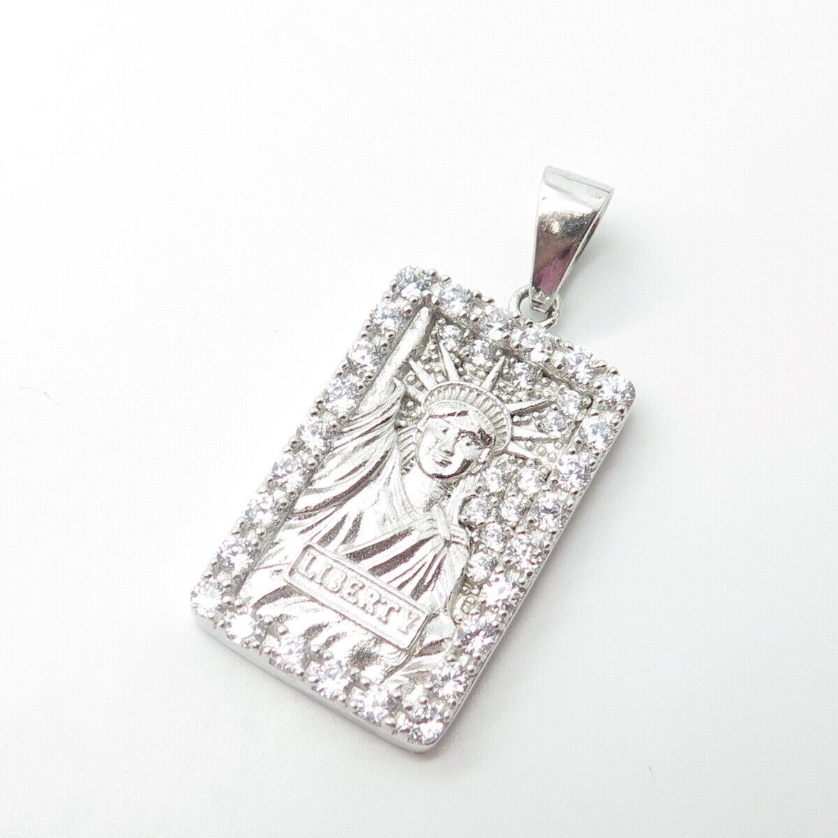 925 Sterling Silver DM Jewelry USA White C Z Statue of Liberty Pendant