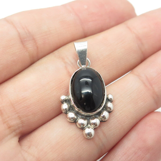 925 Sterling Silver Vintage FAS Real Cabochon Black Onyx Gem Beaded Pendant