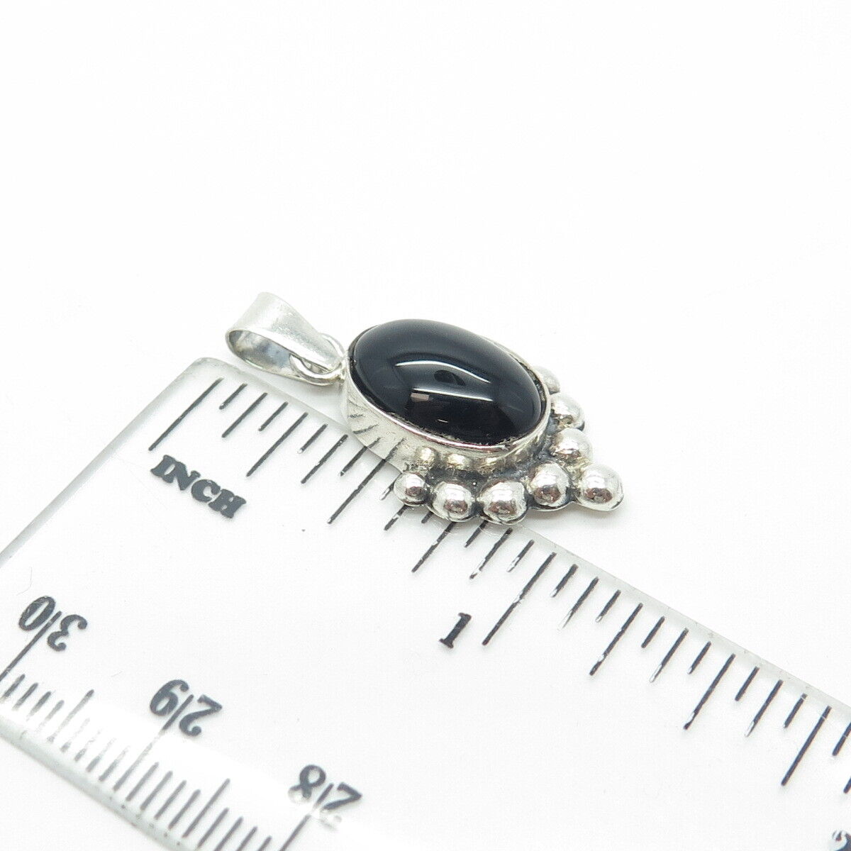 925 Sterling Silver Vintage FAS Real Cabochon Black Onyx Gem Beaded Pendant