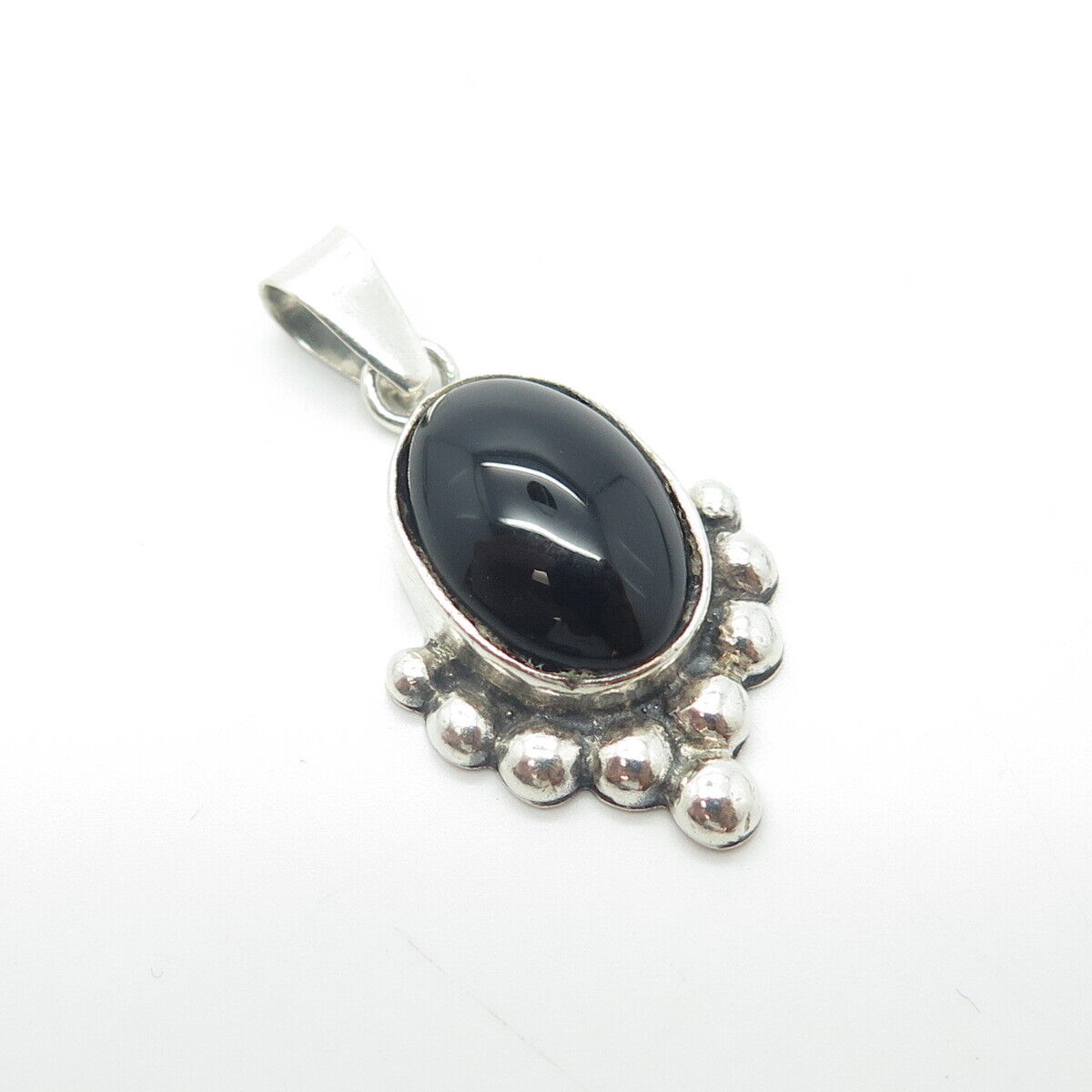 925 Sterling Silver Vintage FAS Real Cabochon Black Onyx Gem Beaded Pendant