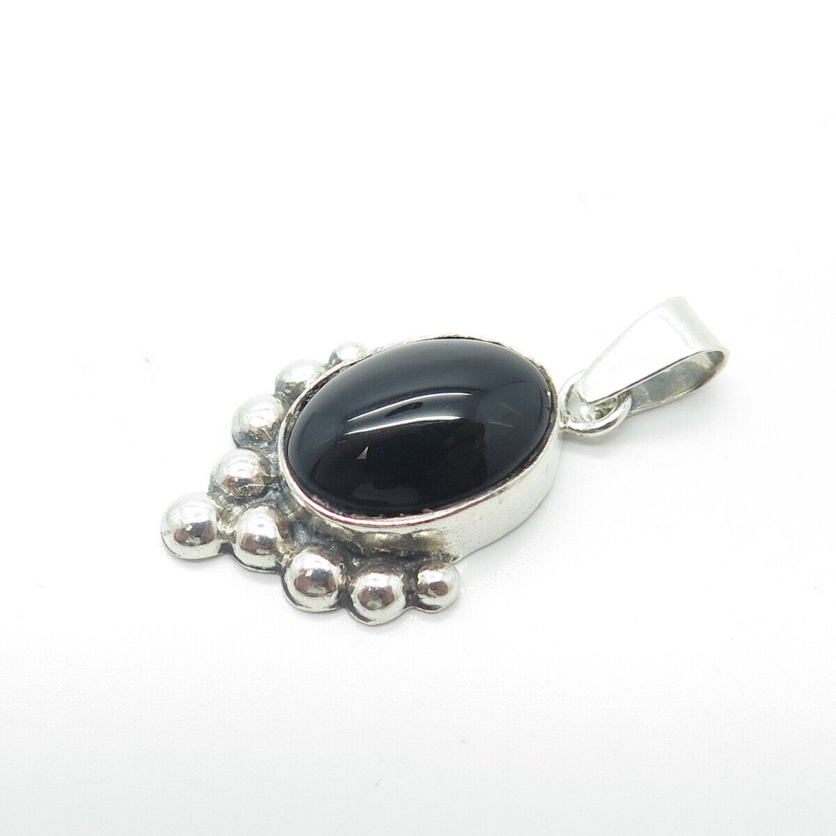 925 Sterling Silver Vintage FAS Real Cabochon Black Onyx Gem Beaded Pendant