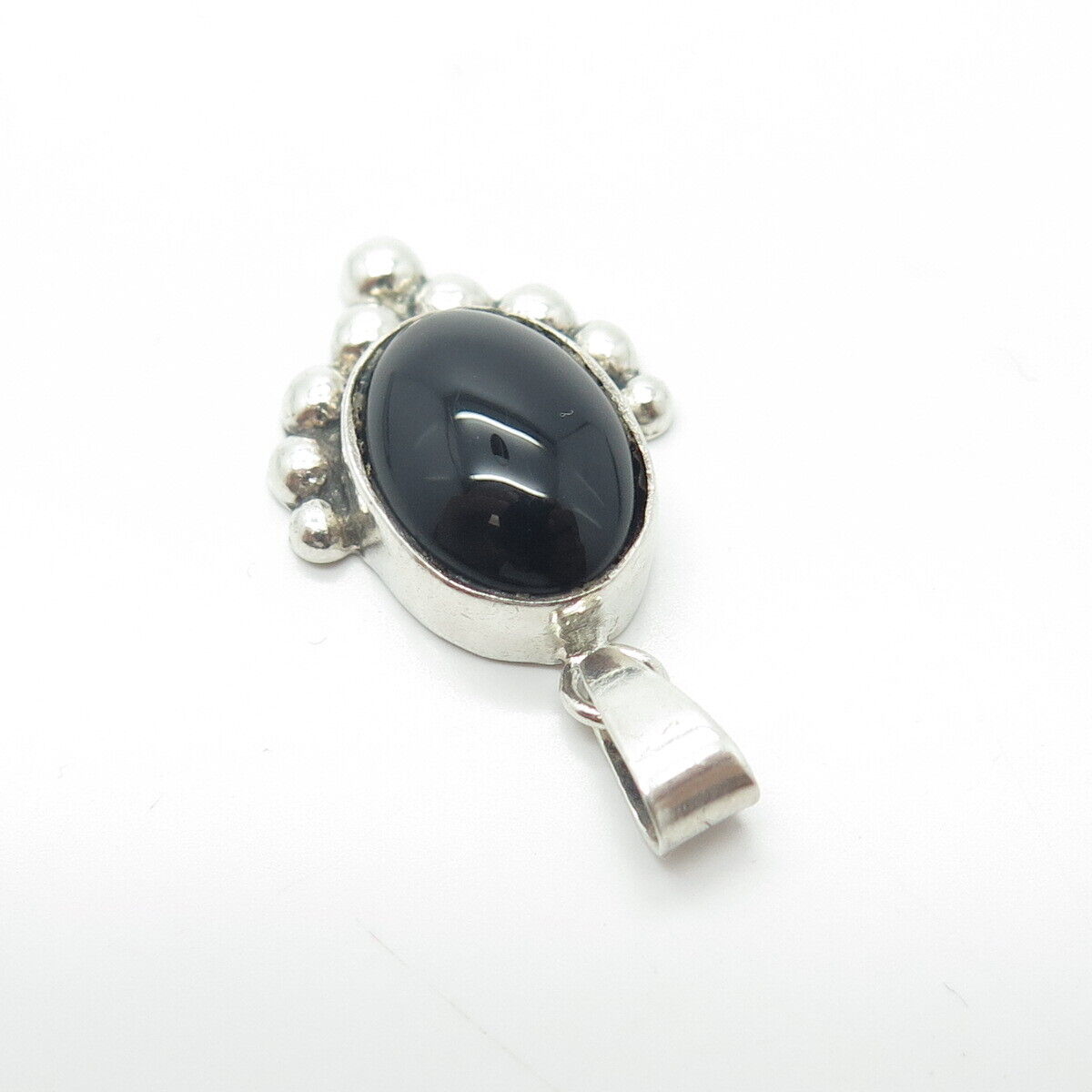 925 Sterling Silver Vintage FAS Real Cabochon Black Onyx Gem Beaded Pendant