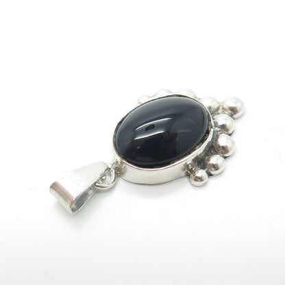 925 Sterling Silver Vintage FAS Real Cabochon Black Onyx Gem Beaded Pendant