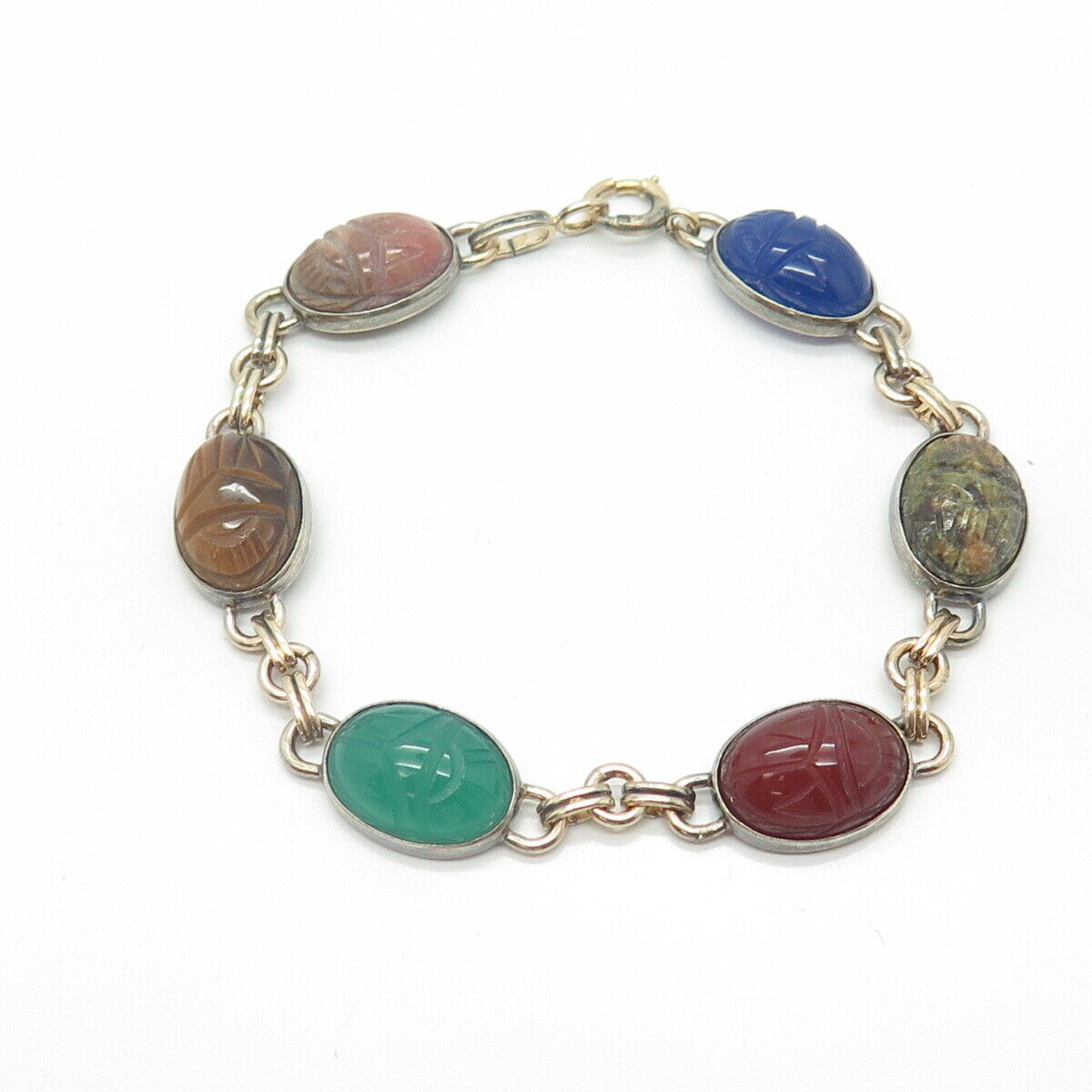 925 Sterling Silver 14K Gold Filled Antique Symmetalic Multi-Gem Bracelet 7.25"