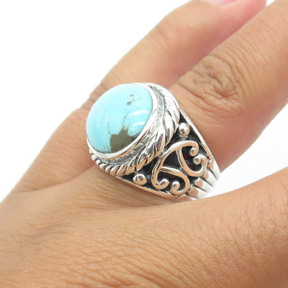 925 Sterling Silver Vintage Cabochon Turquoise Swirl Statement Ring Size 5.75