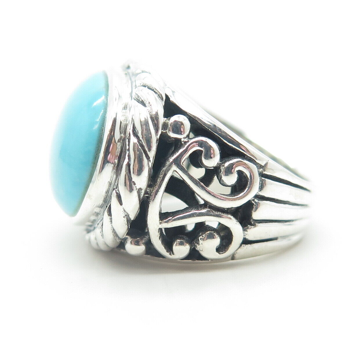 925 Sterling Silver Vintage Cabochon Turquoise Swirl Statement Ring Size 5.75