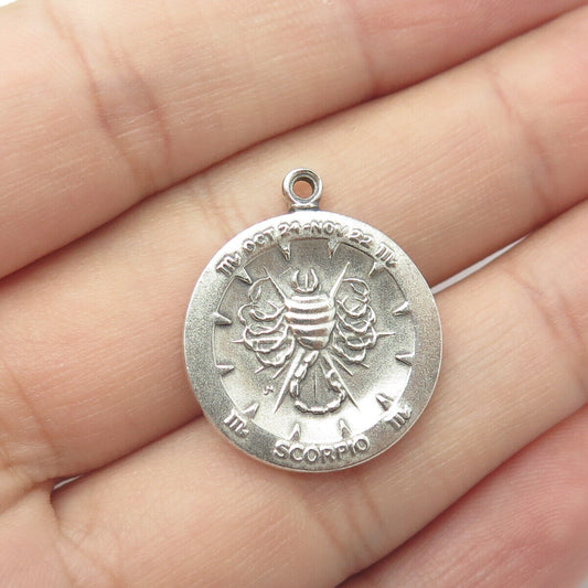 925 Sterling Silver Vintage Scorpio Zodiac Sign Round Charm Pendant