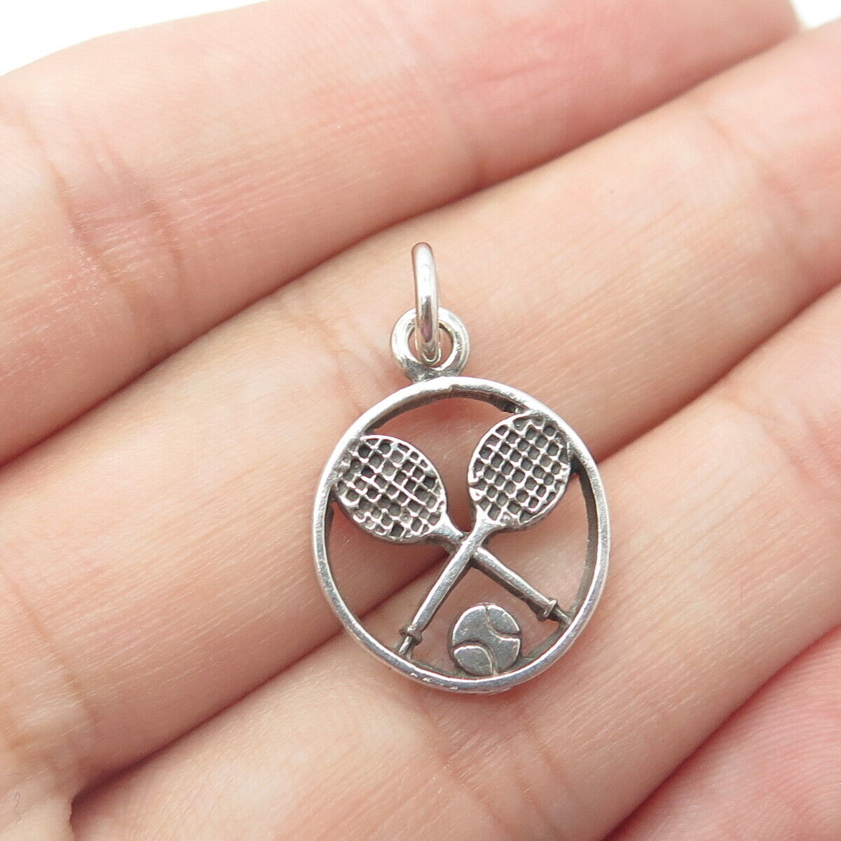 925 Sterling Silver Vintage Tennis Racquets Round Charm Pendant