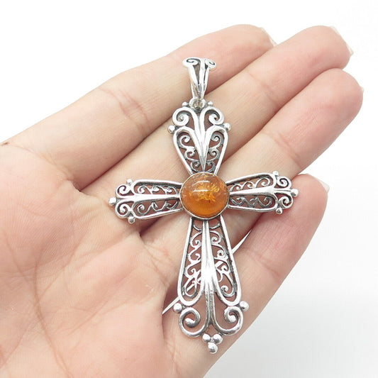 925 Sterling Silver Vintage Real Amber Filigree Religious Pendant