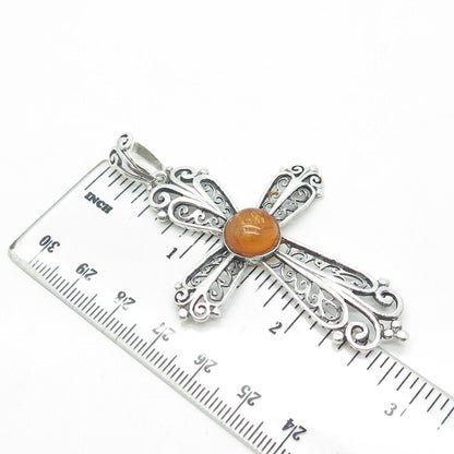 925 Sterling Silver Vintage Real Amber Filigree Religious Pendant