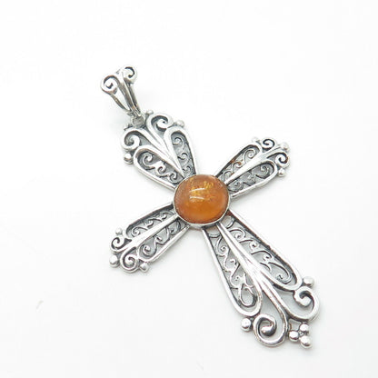 925 Sterling Silver Vintage Real Amber Filigree Religious Pendant