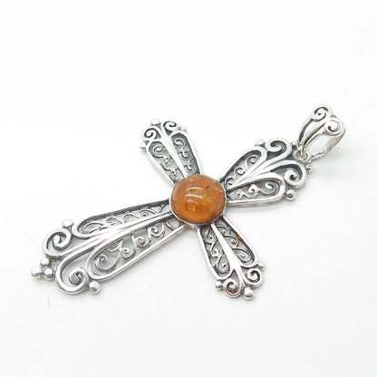 925 Sterling Silver Vintage Real Amber Filigree Religious Pendant