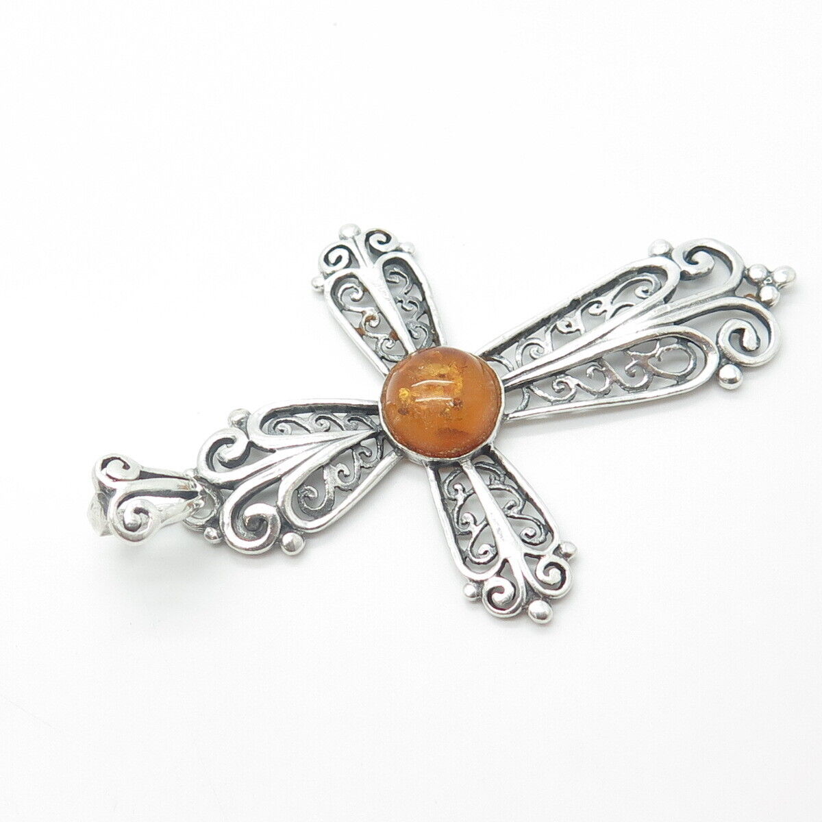 925 Sterling Silver Vintage Real Amber Filigree Religious Pendant