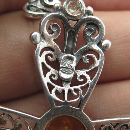 925 Sterling Silver Vintage Real Amber Filigree Religious Pendant