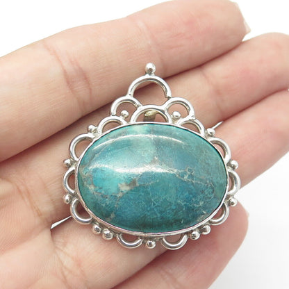 925 Sterling Silver Vintage Real Cabochon Turquoise Gem Swirl Pin Brooch Pendant