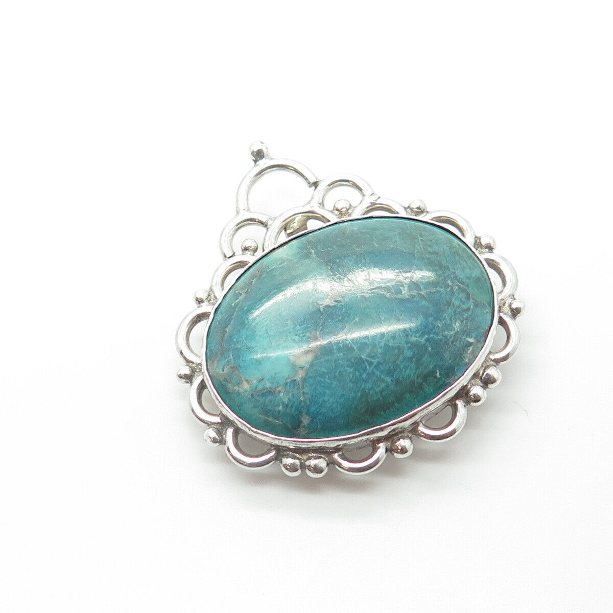 925 Sterling Silver Vintage Real Cabochon Turquoise Gem Swirl Pin Brooch Pendant