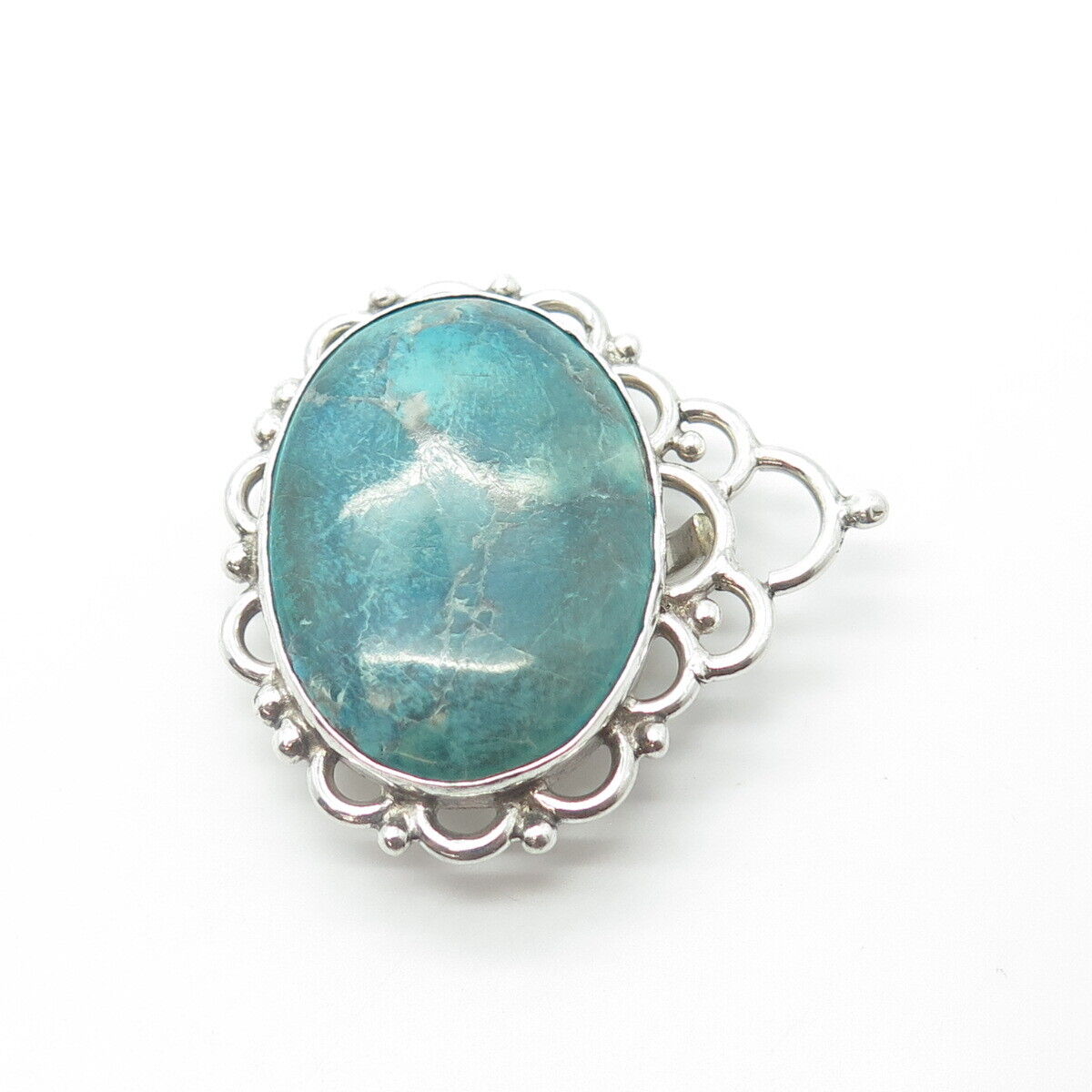 925 Sterling Silver Vintage Real Cabochon Turquoise Gem Swirl Pin Brooch Pendant