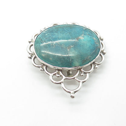 925 Sterling Silver Vintage Real Cabochon Turquoise Gem Swirl Pin Brooch Pendant