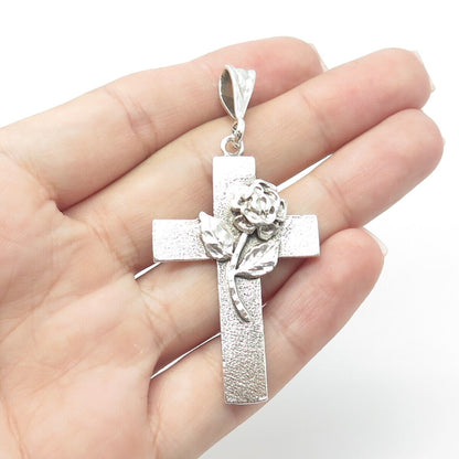 925 Sterling Silver Vintage Cross & Rose Flower Religious Pendant