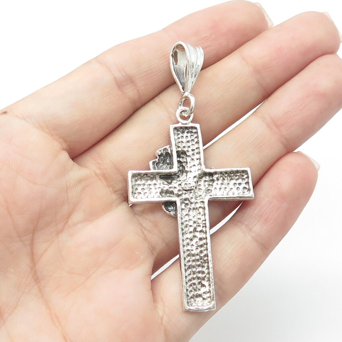 925 Sterling Silver Vintage Cross & Rose Flower Religious Pendant