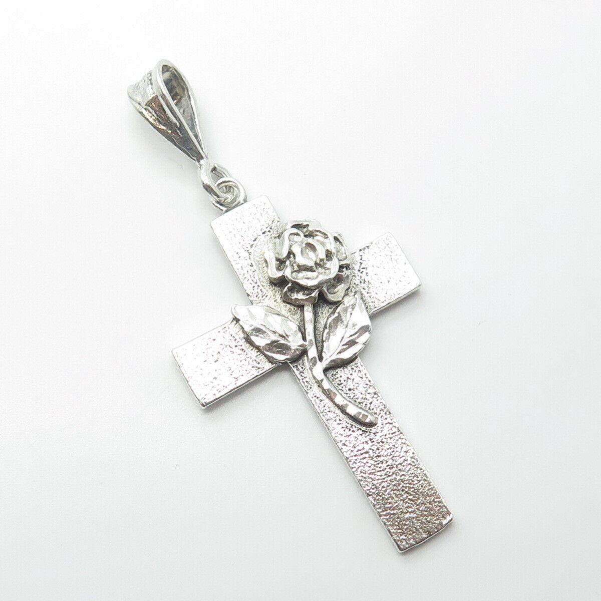 925 Sterling Silver Vintage Cross & Rose Flower Religious Pendant