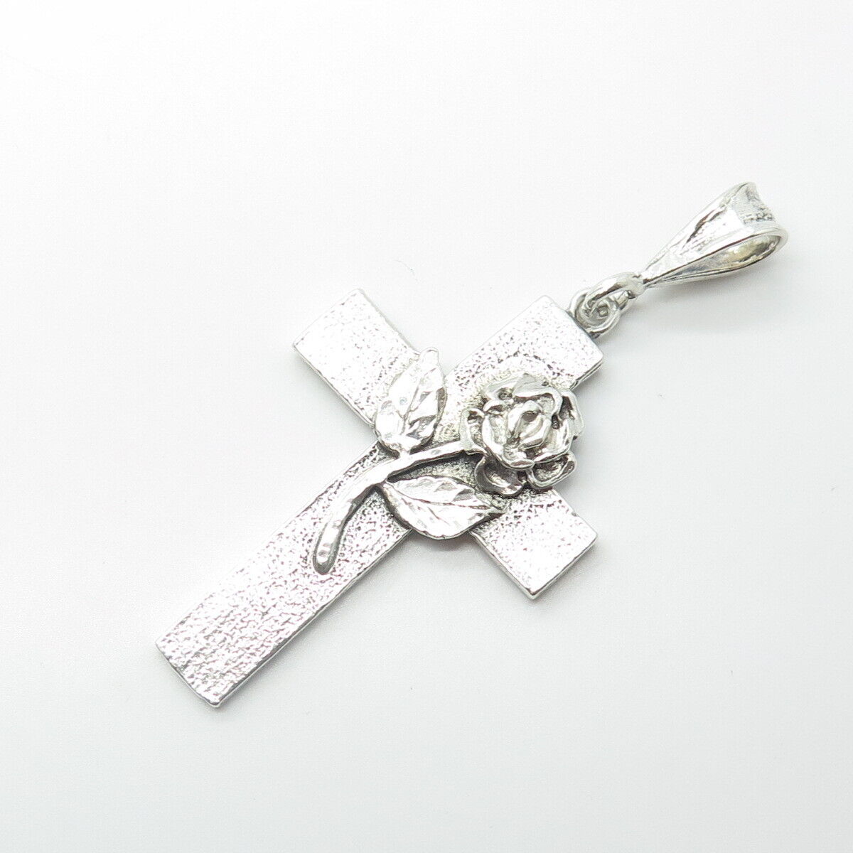 925 Sterling Silver Vintage Cross & Rose Flower Religious Pendant