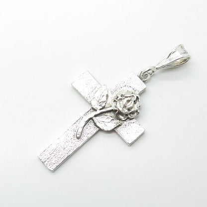 925 Sterling Silver Vintage Cross & Rose Flower Religious Pendant