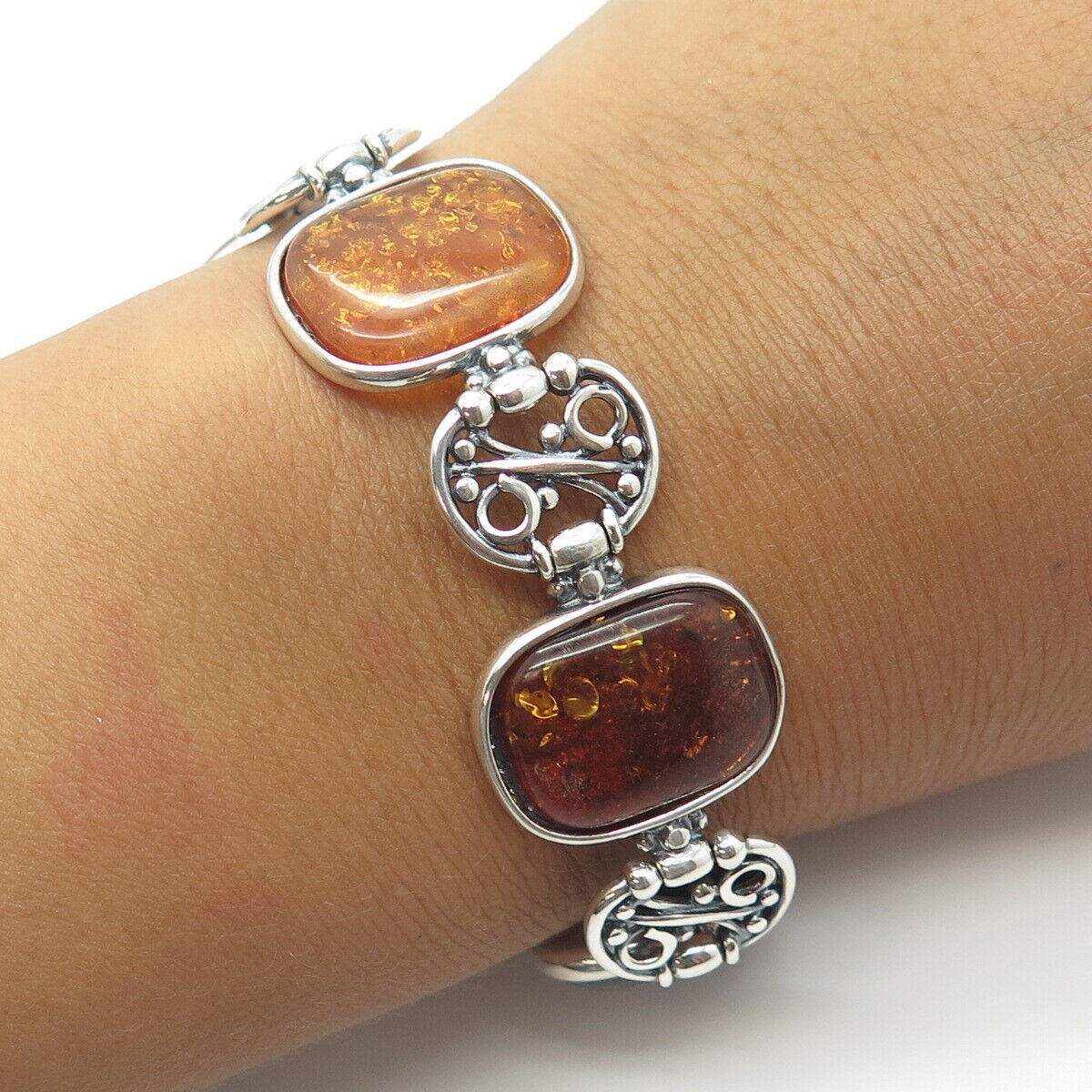 925 Sterling Silver Real Cabochon Amber Panel Swirl Link Bracelet 5.75