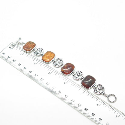 925 Sterling Silver Real Cabochon Amber Panel Swirl Link Bracelet 5.75