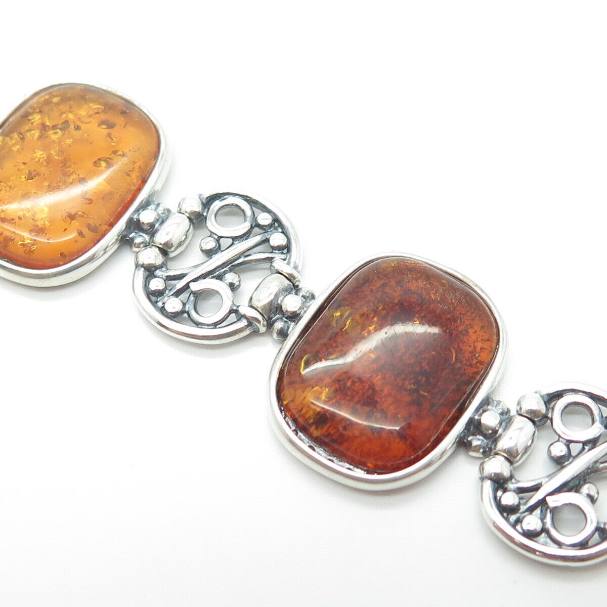 925 Sterling Silver Real Cabochon Amber Panel Swirl Link Bracelet 5.75