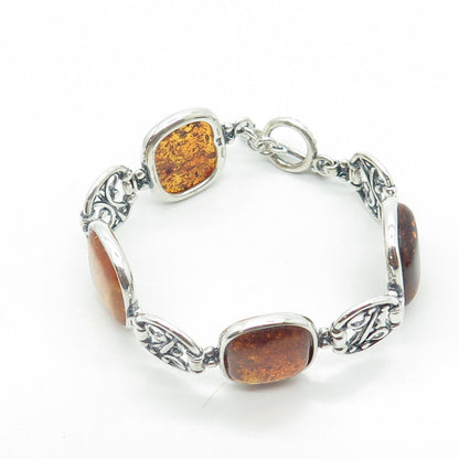 925 Sterling Silver Real Cabochon Amber Panel Swirl Link Bracelet 5.75