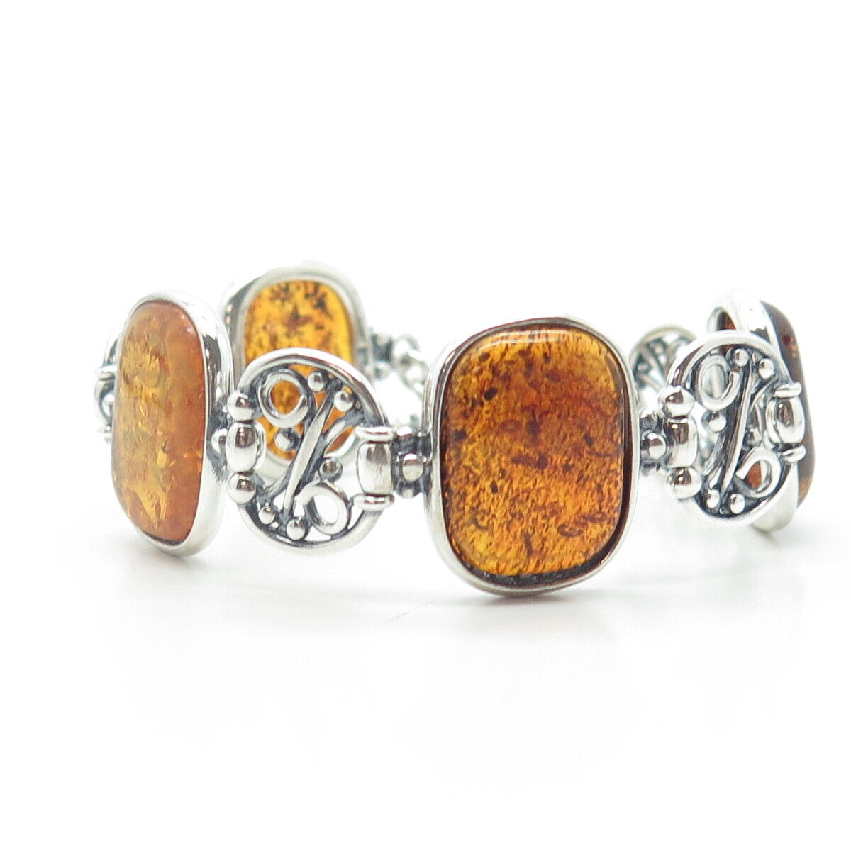 925 Sterling Silver Real Cabochon Amber Panel Swirl Link Bracelet 5.75