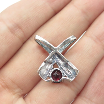 925 Sterling Silver Vintage Real Red Garnet Gem Modernist Slide Pendant