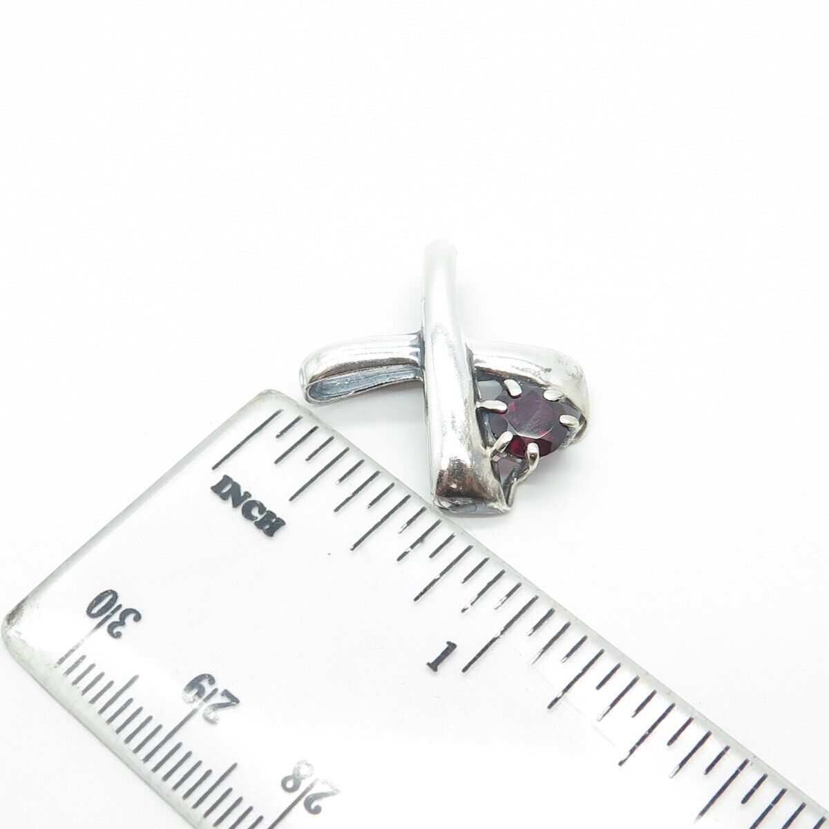 925 Sterling Silver Vintage Real Red Garnet Gem Modernist Slide Pendant