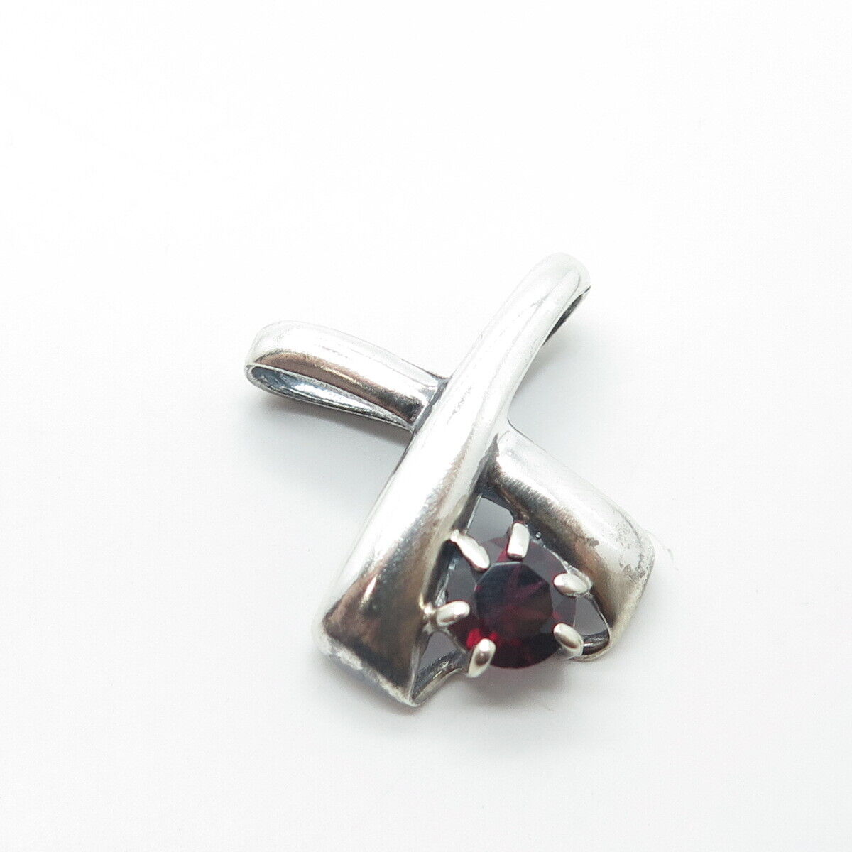 925 Sterling Silver Vintage Real Red Garnet Gem Modernist Slide Pendant