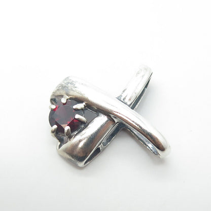 925 Sterling Silver Vintage Real Red Garnet Gem Modernist Slide Pendant