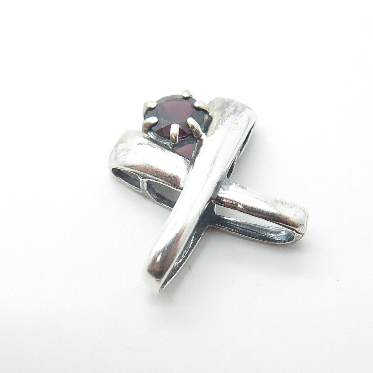 925 Sterling Silver Vintage Real Red Garnet Gem Modernist Slide Pendant