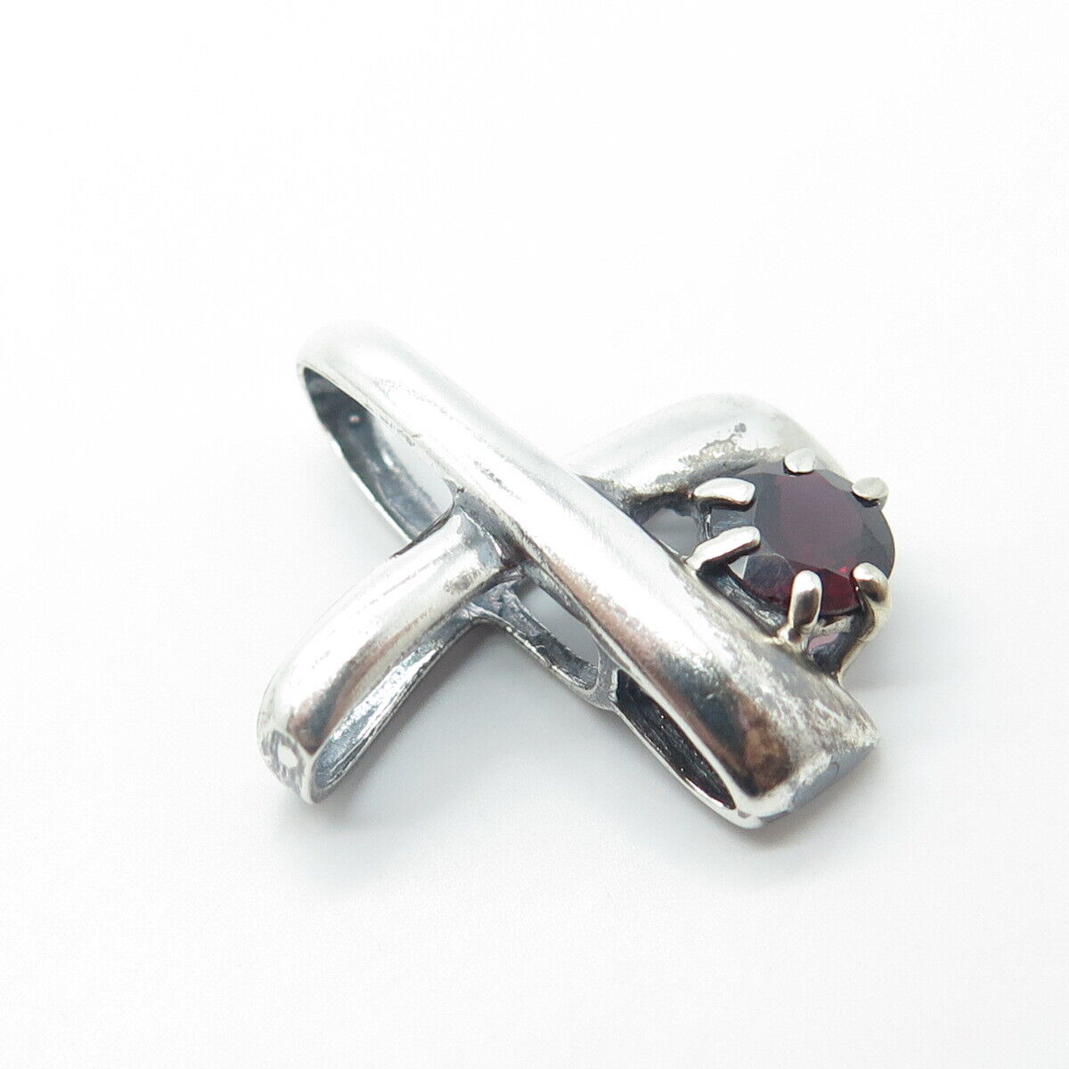 925 Sterling Silver Vintage Real Red Garnet Gem Modernist Slide Pendant