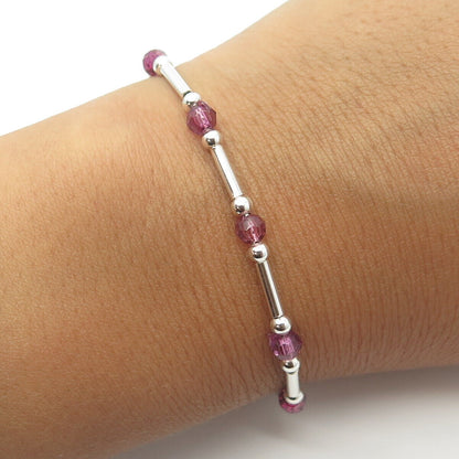 925 Sterling Silver Italy Purple Crystal Beaded Bar Link Bracelet 7"