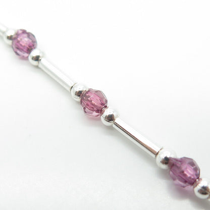 925 Sterling Silver Italy Purple Crystal Beaded Bar Link Bracelet 7"