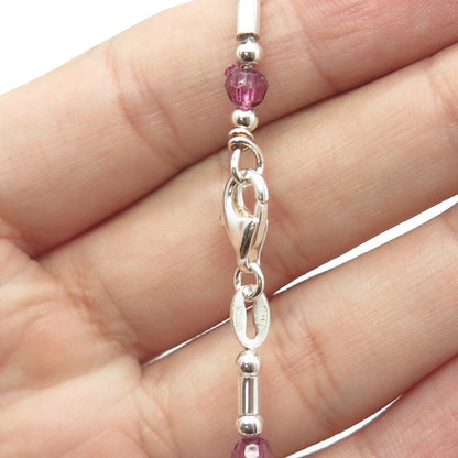 925 Sterling Silver Italy Purple Crystal Beaded Bar Link Bracelet 7"