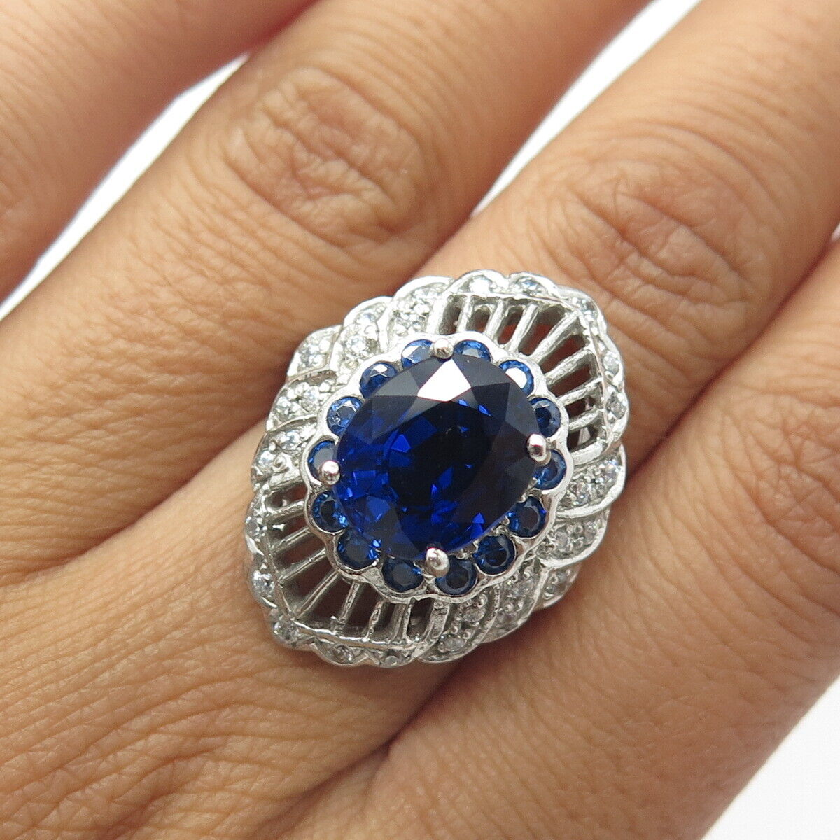 925 Sterling Silver Lab-Created Sapphire & White C Z Engagement Ring Size 6