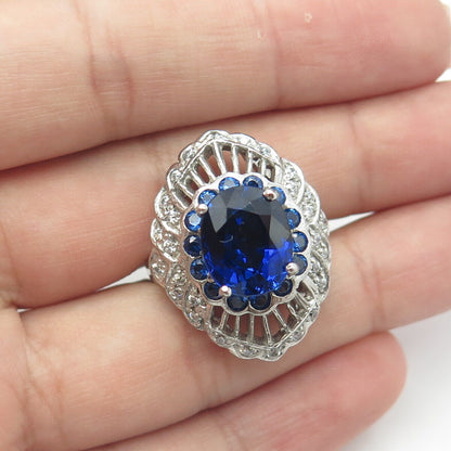 925 Sterling Silver Lab-Created Sapphire & White C Z Engagement Ring Size 6