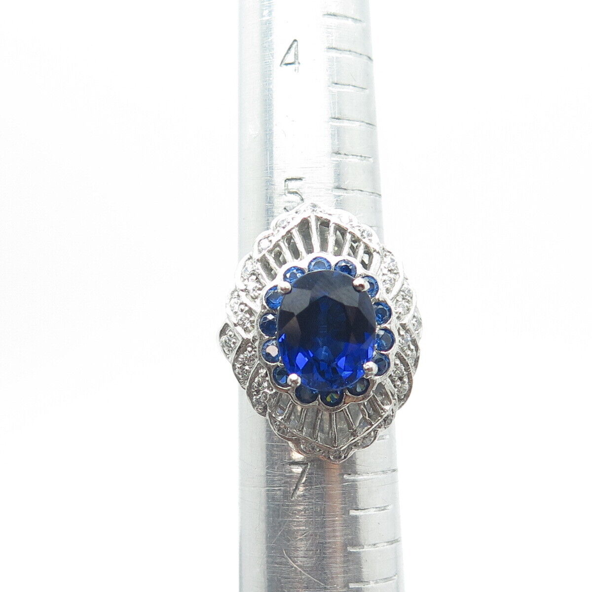 925 Sterling Silver Lab-Created Sapphire & White C Z Engagement Ring Size 6